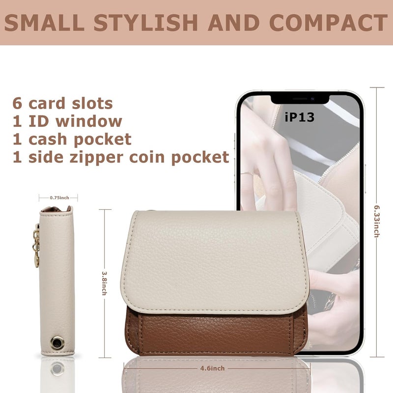 Sunpour Women Small Wallet RFID Blocking Slim Wallet with Coin Pocket Tri-Fold Credit Card Holder with ID Window and Keychain(Beige＆Brown) - Image 2